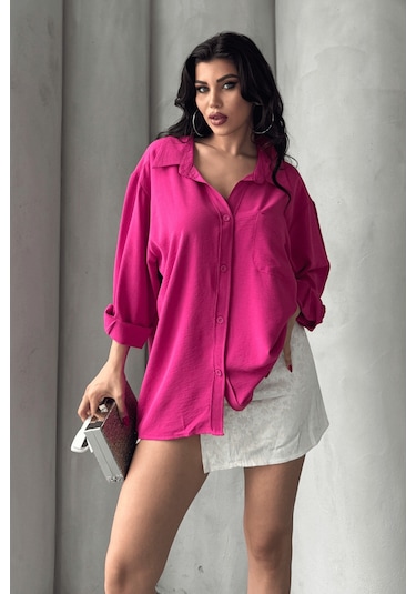 Paw Garage Kadın Perla Fuşya Tek Cepli Oversize Gömlek, Geniş Kalıp Gömlek, Ayrobin Gömlek Nar Çiçeği
