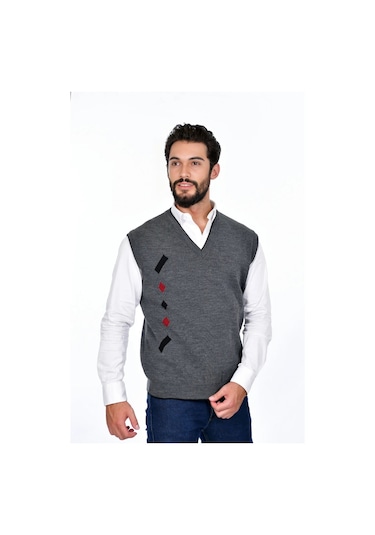 Kamalı Gri Erkek Çelik Örgü Kışlık Kalın Triko V Yaka Triko Örgü Tüylenmez Süveter Gri