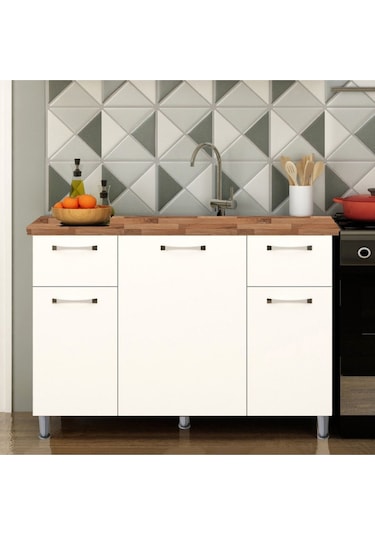 120 Cm Tezgahlı Beyaz Panovit Mini Alt Modül Mutfak Dolabı Beyaz