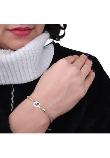 Kedi Temalı 14 Ayar Altın Plakalı Yaprak Figürlü Örgülü Hediye Bileklik-331sembol-kahverengi Altın