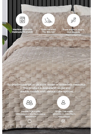 Kürk Yatak Örtüsü Yorgan Uyku Seti Tek Kişilik Çarşaflı Peluş Yumuşak Dolgulu Rody 3 Parça Bej