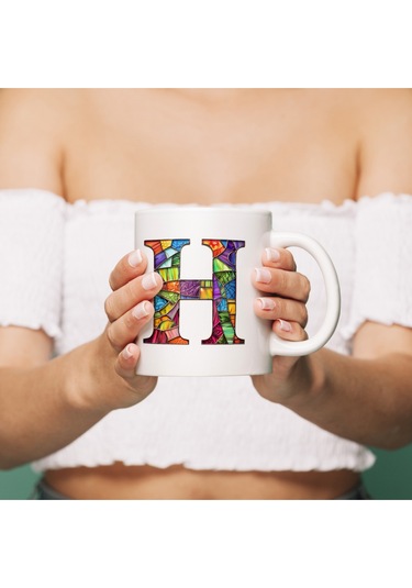 H Harfi Bardak 330 Ml İsme/harfe Özel Hediye, Renkli Harf Tasarım Beyaz