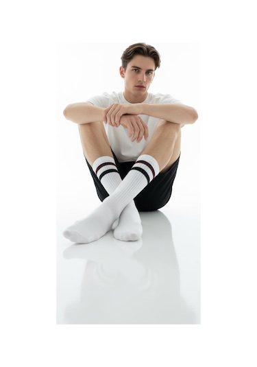 Erkek Spor Çorap 2 Li Set Nefes Alan Pamuklu Çizgili Soket Çorap Günlük Ve Spor Kullanım İçin Esnek Rahat Tasarım Siyah Beyaz