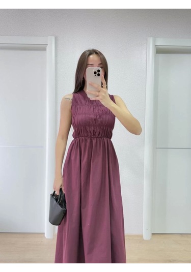 Kolsuz Göğüs Lastıklı %100 Poplin Uzun Elbise - Bordo Bordo