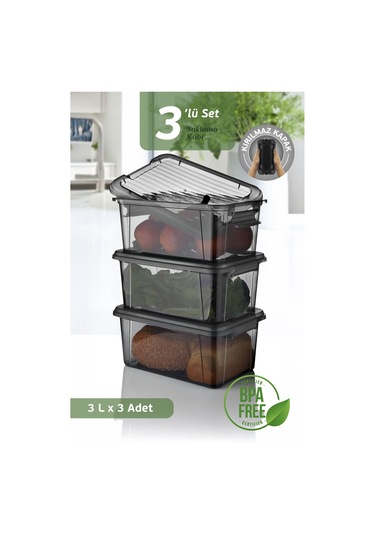 3'lü Set 3l Kilit Kapaklı Erzak Saklama Kabı Difriz Buzdolabı Düzenleyici Un Bakliyat Saklama Kutusu Siyah