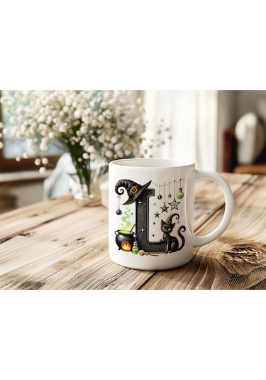 L Harfli Halloween Kedili Figür Kupa Bardak - Şapkalı Ve Kazanlı İsme Özel Kupa - Hediye 07 Beyaz
