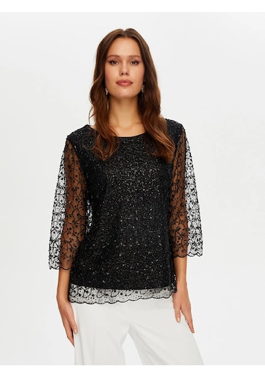 Faik Sönmez Boncuk İşli Kayık Yaka Kadın Abiye Bluz W26blz001 Siyah