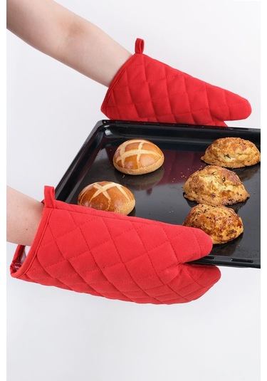 Yanmaz Ve Isıya Dayanıklı Fırın Eldiveni Ve Tutacak 2 Eldiven, 2 Tutacak Kırmızı