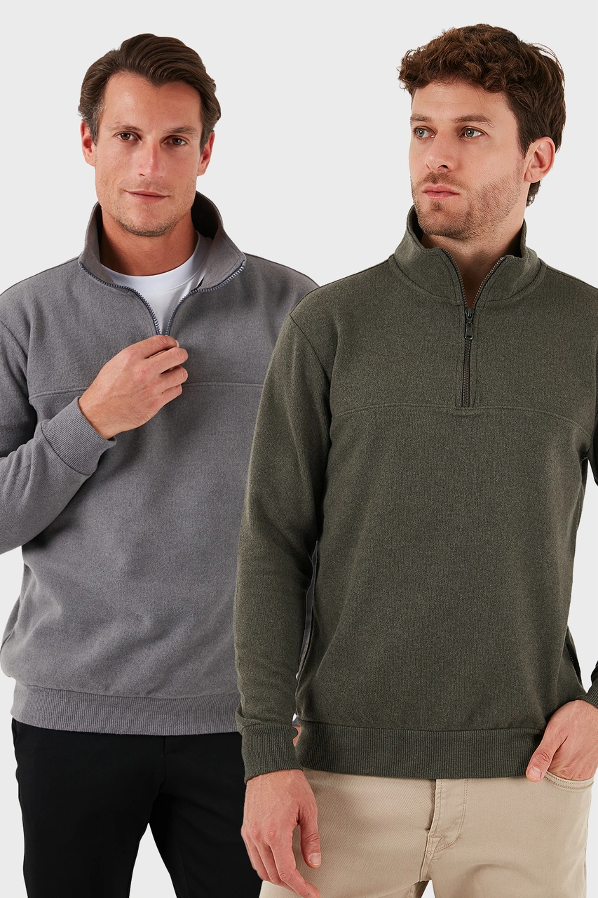 Buratti Pamuklu Regular Fit Yarım Fermuarlı Dik Yaka 2'Li Paket Erkek Kazak 456112S2 Gri-Haki