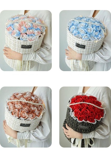 Hangfox 21 Adet Kekik Kız Mavi Buz Gül Soap Çiçek Buketi - Hediye Çantası Ve Lambalı Doğum Günü Özel Hediyesi