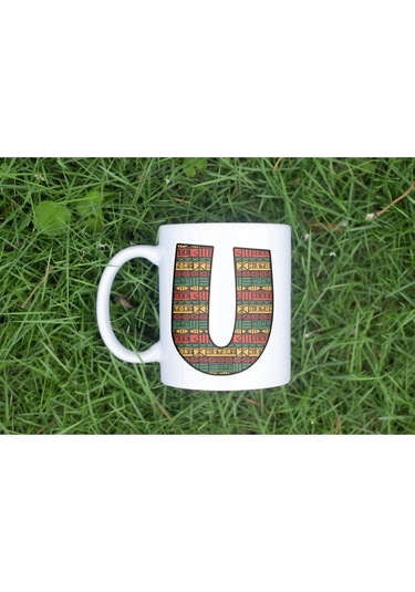 U Harfi Etnik Desenli Kupa - Afrika Tarzı Kahve Çay Kupası - Hediyelik - Black History Beyaz