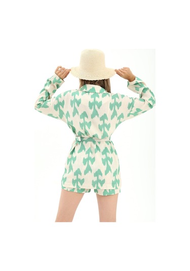 Kemerli Desenli Oversize Blazer Ceket - Yeşil-yeşil Yeşil