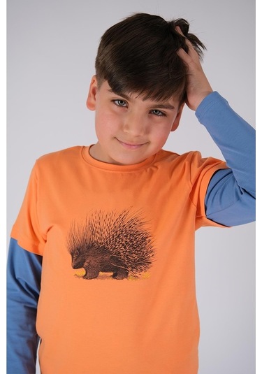 Uzun Kol Pamuklu Tişört Turuncu Mavi Punky Animals 2022-B-0006