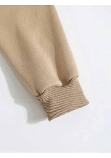 Erkek Düz Kapüşonlu Sweat - Bej Bej