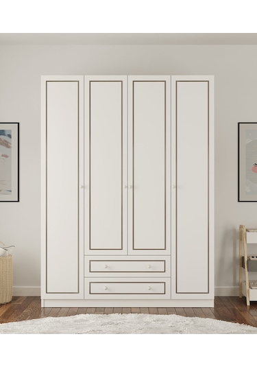 Grey Country 4 Kapak 2 Çekmeceli Gardırop Beyaz