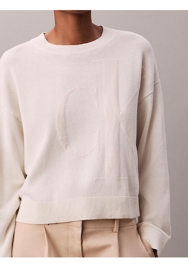 Calvin Klein Kadın Long Sleeve Smooth Kazak-12555 Beyaz