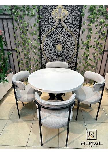 Royal 4 Kişilik Masa Sandalye Takımı Beyaz Teddy Gri