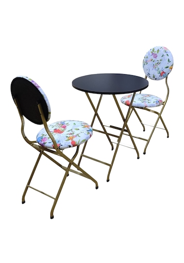 Katlanabilir Beyaz Gül Ve Kuş Gold Metal Masa Ve Sandalye Takımı