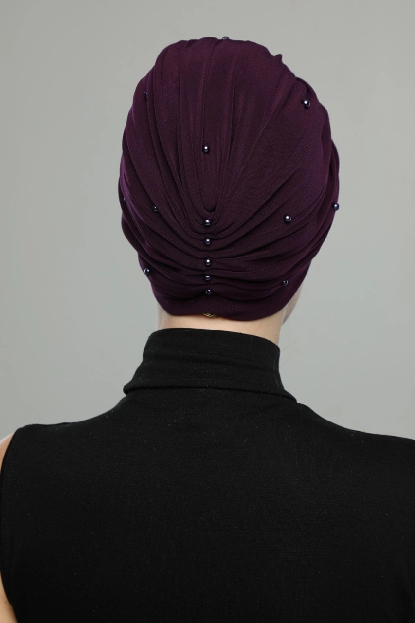 Kopma Astarlı Işlemeli Mor Sırma Motifli Hazır Türban Tesettür Abiye Bone Mor Sırma