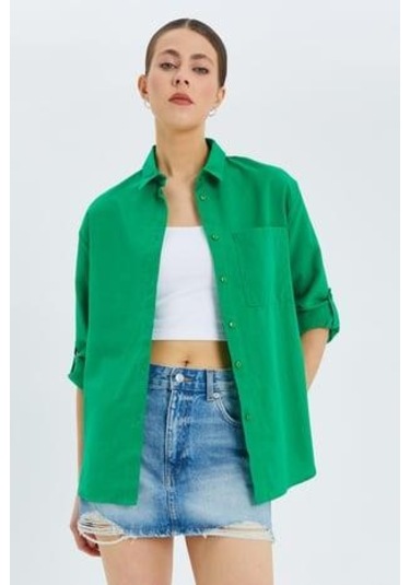 9942 Kadın Oxford Uzun Kol Basic Gömlek Yeşil Yeşil