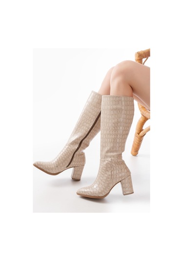 Ysn-4422 Bej Kroko Topuklu Kadın Çizme Bej