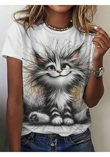 Kadın Kısa Kollu Bisiklet Yaka Kedi Baskılı Süprem Bluz Beyaz