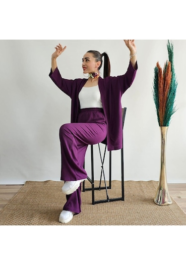 İpli Mor Renk Cep Detaylı Bol Paça Kimono Takım Mor