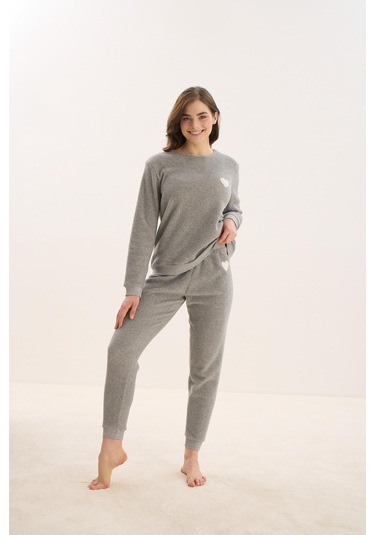 Kadın Uzun Kol Polar Gri Melanj Pijama Takım C1t5n1o61 001