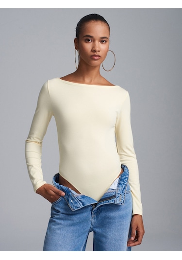 Dilvin 32549 Kayık Yaka Bodysuit-açık Sarı Açık Sarı