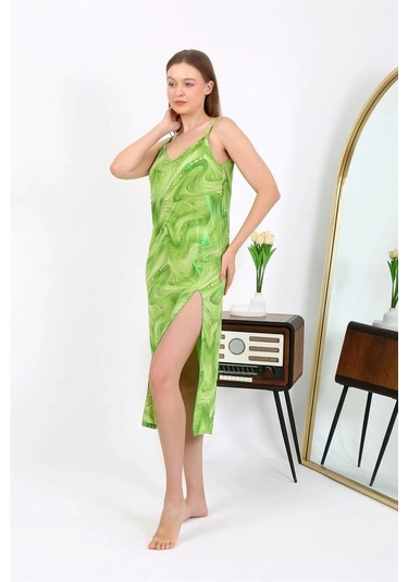 Giyim Kadın İp Askılı Uzun Parlak Micro Elbise Gecelik Yeşil Yeşil