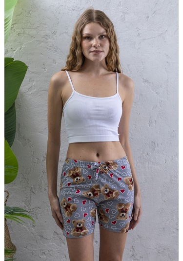 Giysa Kadın Beli Lastikli Desenli Şort Pijama Altı Gri - 2027 Gri