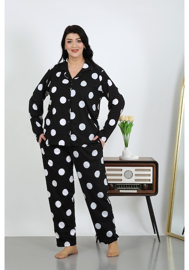 Akbeniz Kadın Büyük Beden Pamuklu Cepli Düğmeli Siyah Pijama Takım 202504 Siyah