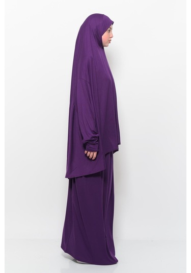 Pratik 2 Parça Pamuklu Yarasa Kollu Başörtülü Tesettür Namaz Elbisesi Mürdüm Antrasit