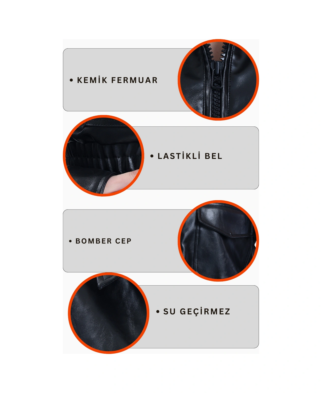 Kadın Deri Oversize Astarlı Kol Çıt Çıt Düğmeli Deri Mont Fermuar Kapamalı Kolej Mont Siyah Siyah