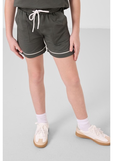 Haki Pamuklu Yumuşak Dokulu Standart Fit Basic Kız Çocuk Şort Takım - 75183 Haki