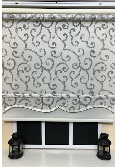 Çift Mekanizmalı Desenli Tül Stor Perde Gri Baskı Stb-108
