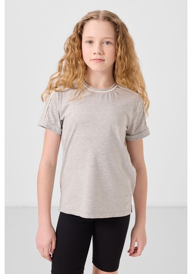 Gri Melanj Pamuklu O Yaka Standart Fit Basic Kız Çocuk T-shirt - 75177 Gri Melanj