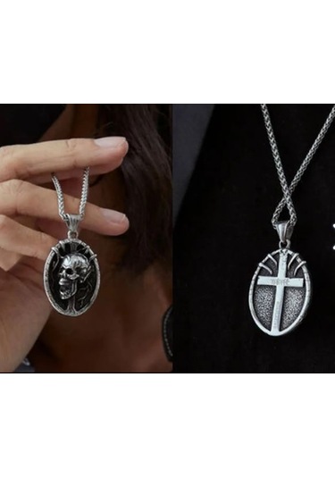 Paslanmaz Çelik Çift Taraflı Kullanım Kurukafa Kolye Gümüş