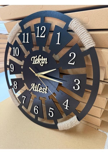 Özel İsimli Ahşap Dekoratif Halatlı Duvar Saati Siyah