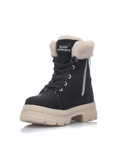 Günlük Çocuk Kışlık Spor Bot Kürklü Bağcıklı Fermuarlı Desenlı Taban Ayakkabı F200 Siyah