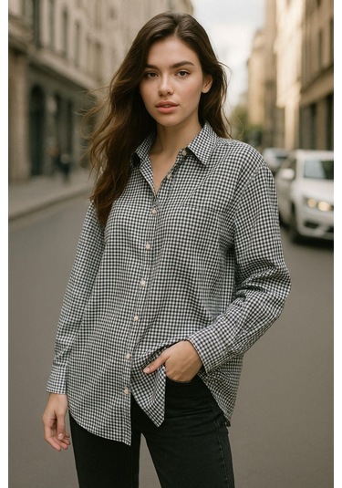 Kadın Siyah Beyaz Kareli Oversize Gömlek Relaxed Over Fit Ekoseli Gömlek Çok Renkli