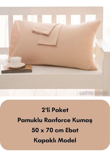 Bej Renkli Ranforce Pamuklu Kumaş Kapaklı Yastık Kılıfı 2'li Pake