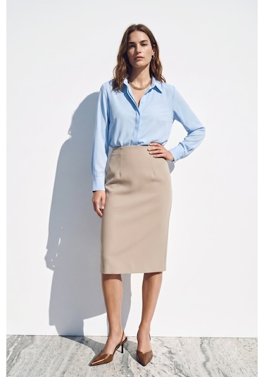 Sateen Düz Kalem Etek - Koyu Bej-137399