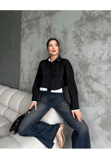 Çift Renkli Kısa Gömlek Siyahbeyaz S4021 Siyah