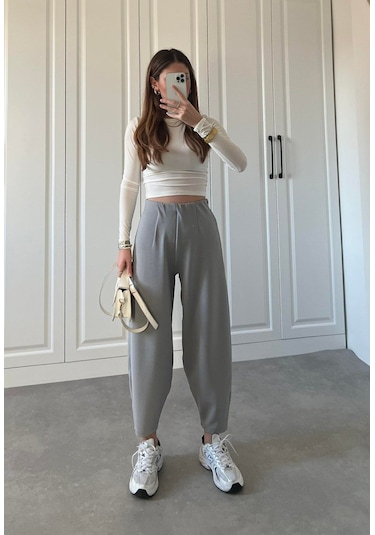 Ahes Shopping Kadın Krep Kumaş Balon Pantolon Gri