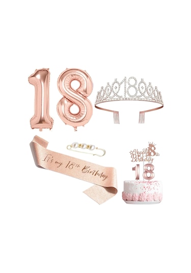 Shineyee 18 Yaş Partisi Dekorasyon Seti - Gümüş Pembe Taç, Balon, Kemer Ve Pin İle Kadınlar İçin Özel Kutlama Malzemeleri Standart