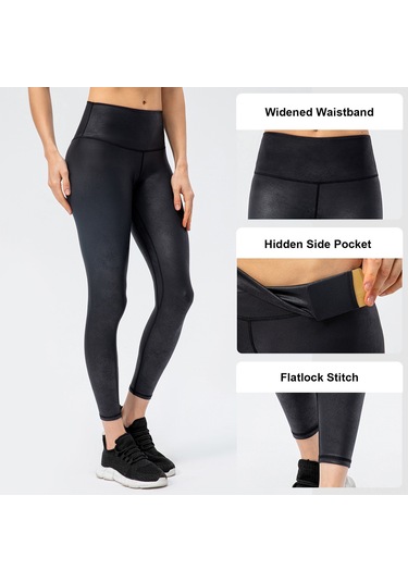 Konesam Kadın Siyah Spor Deri Pantolon - Yüksek Esneklik, Geniş Bel, Yan Canta - Yoga, Koşu, Egzersiz İçin SiYAH