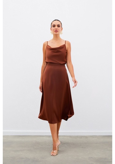 Sateen Midi Boy Saten Etek - Kahve-134960 Kahve