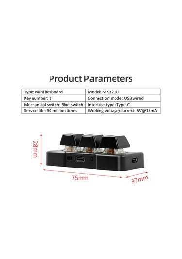 Geeksen 3 Tuşlu Kablolu Mini Özelleştirilmiş Klavye Mekanik Mavi Anahtarlı Çıkarılabilir Veri Kablosu Beyaz