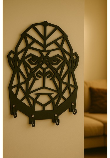 Goril Figürlü Geometrik Duvar Tipi Dekoratif Anahtarlık Askılığı Siyah - Beyaz